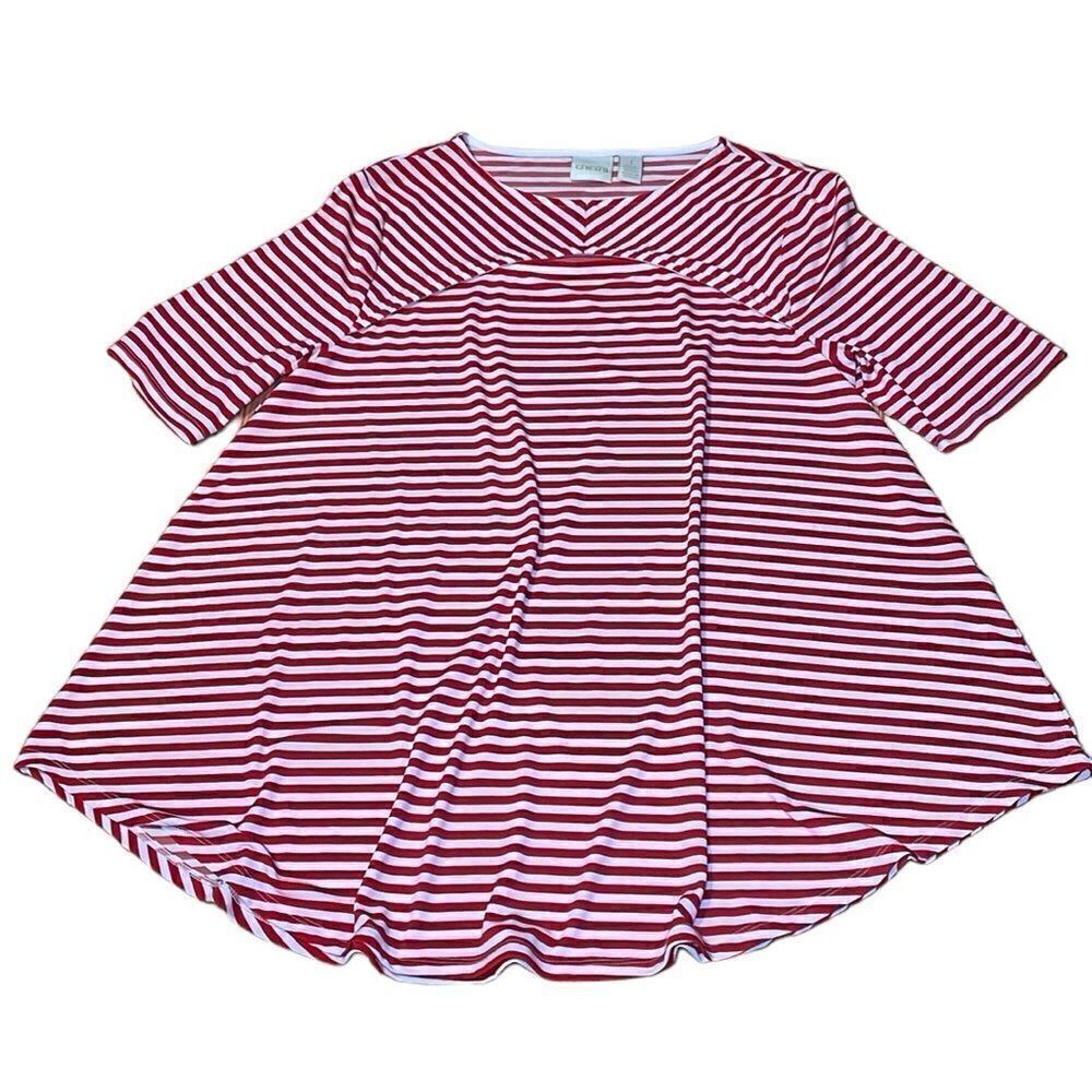Chico’s Peek-a-boo neck swing Short sleeve top, red white stripe shirt, Medium